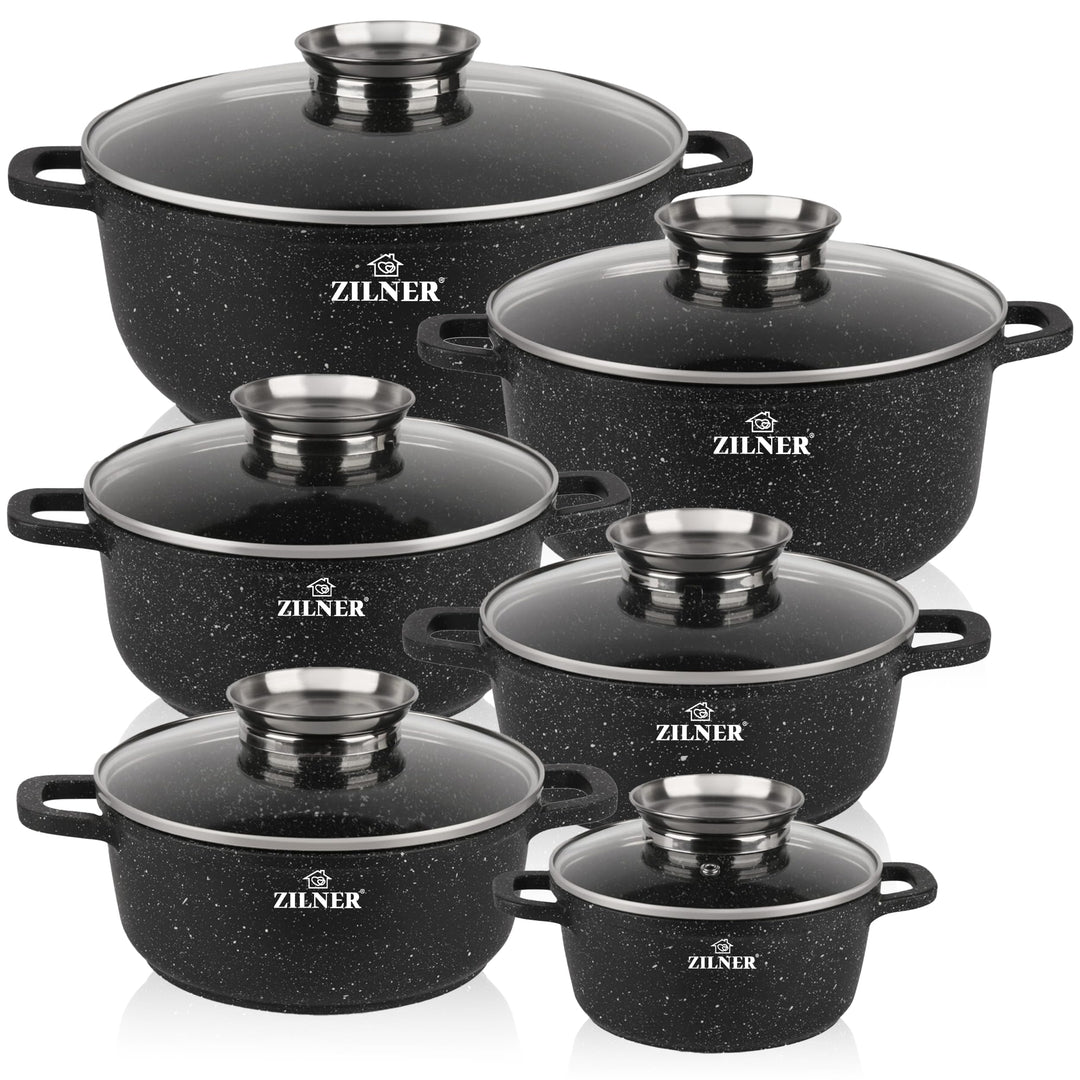 Topfset Induktion 12-Teilig mit Glasdeckel | Kochtopf Set 6 Töpfen aus Aluminiumguss | 6x Kochtöpfe
