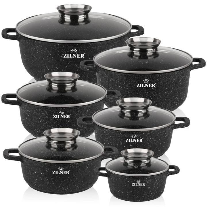 Topfset Induktion 12-Teilig mit Glasdeckel | Kochtopf Set 6 Töpfen aus Aluminiumguss | 6x Kochtöpfe