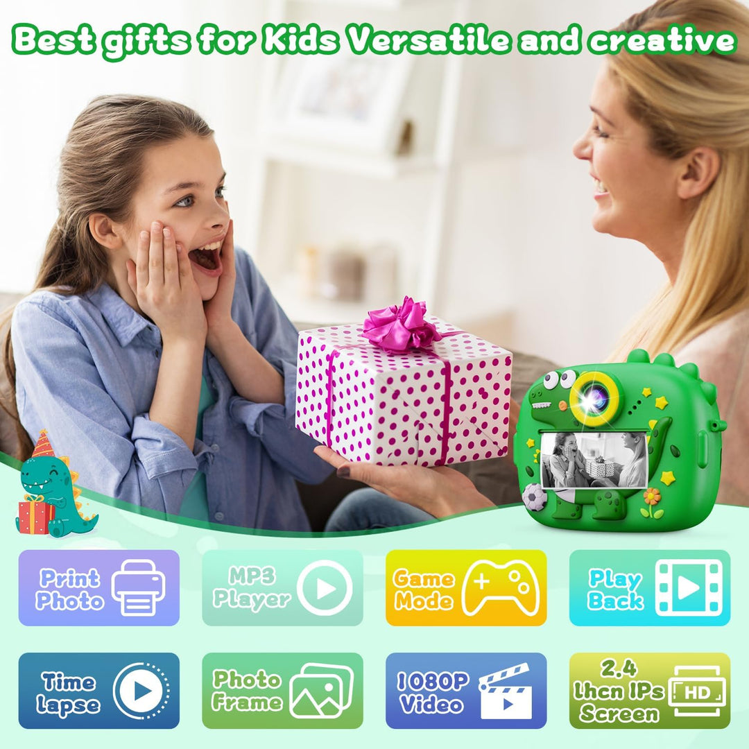 Kinderkamera Sofortbildkamera, 2,4 Zoll Digitalkamera Kinder, Dinosaurier VideoKamera 1080P HD, Sofo