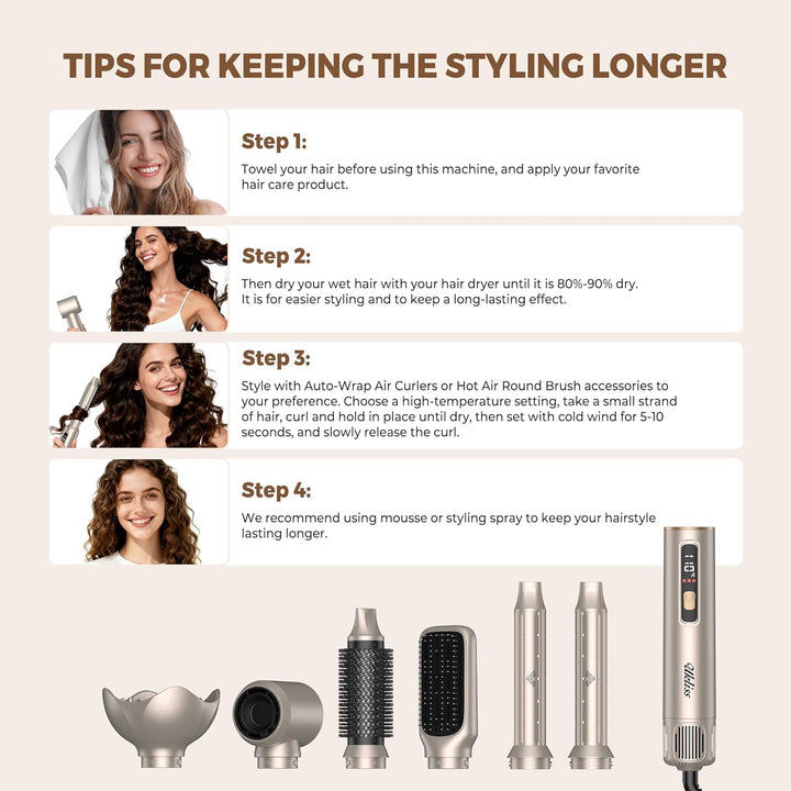 UKLISS Airstyler 6 in 1 mit LCD-Display, Hairstyler & Haarstyler Set mit Hair Dryer, Rundbürstenföhn