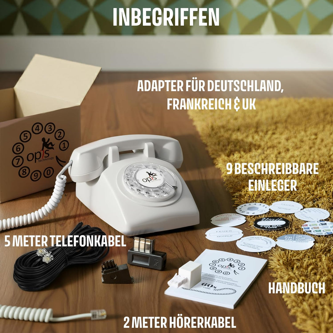 Opis Technology 60s Cable Retro Telefon mit Wählscheibe – Klassisches Festnetztelefon, mechanische M