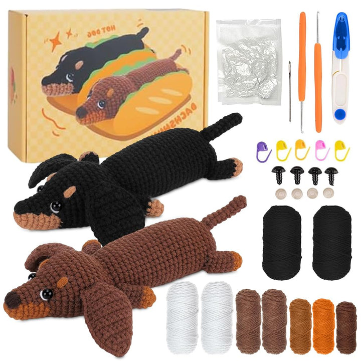 Zinueen Häkelset für Anfänger, Komplettes Häkelset Dackel mit 2 Farben Braun ＆ Schwarz, Strickset Hä