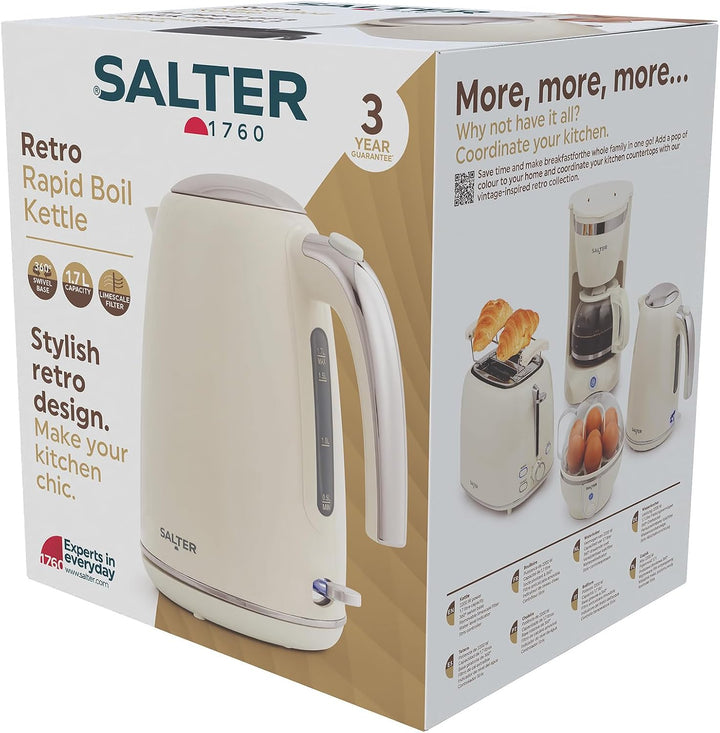 Salter Retro Cream 1,7L Wasserkocher - 2.2 Kw Kannen-Wasserkocher, 360° Sockel, Abnehmbarer Kalkfilt