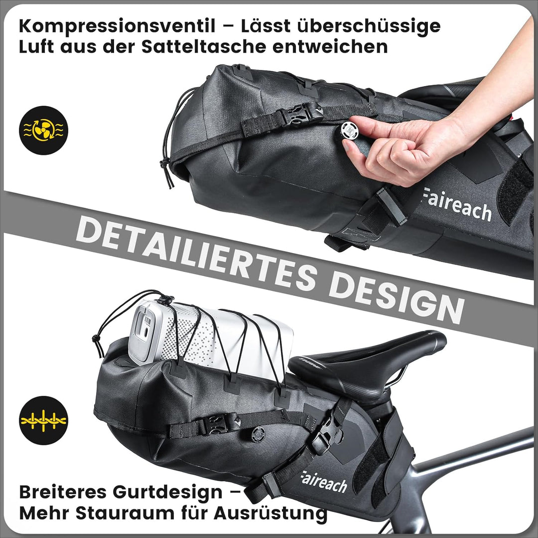 Bikepacking Satteltasche, 10 Liter Aufbewahrungstasche, 100% Wasserdicht Fahrrad Satteltasche aus TP