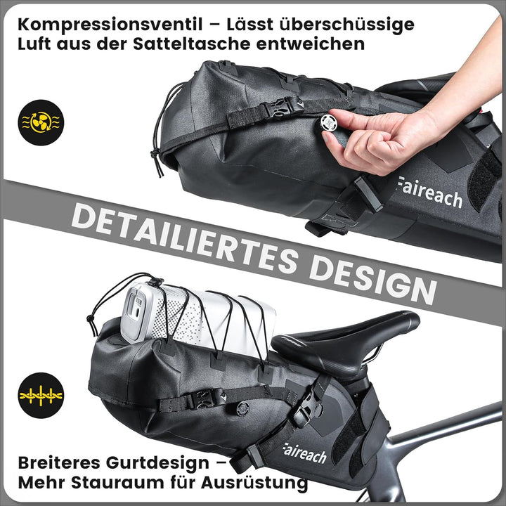 Bikepacking Satteltasche, 10 Liter Aufbewahrungstasche, 100% Wasserdicht Fahrrad Satteltasche aus TP