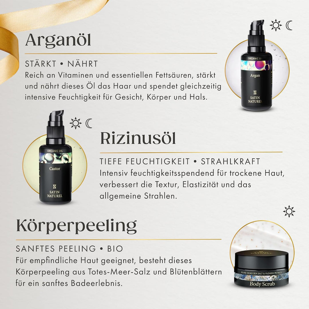 Weihnachtsgeschenke für Frauen - Verwöhnendes Geschenkset Frauen mit BIO Arganöl + Rizinusöl + Mande