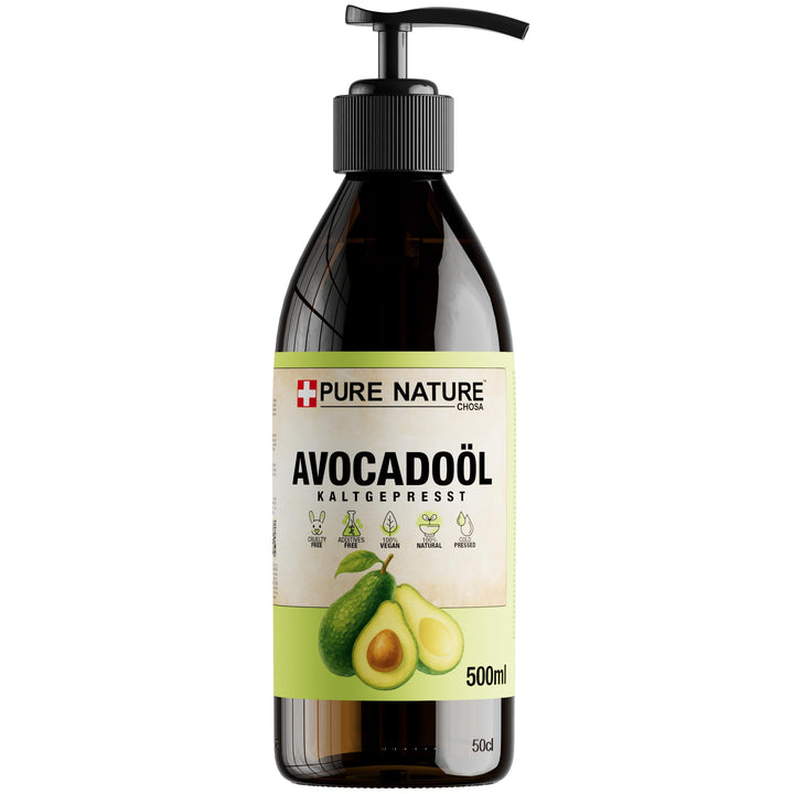 CHOSA Bio Avocadoöl Kaltgepresst Nativ 500 ml + Spender - Avocado Öl 100% Reines ohne Zusatzstoffe -