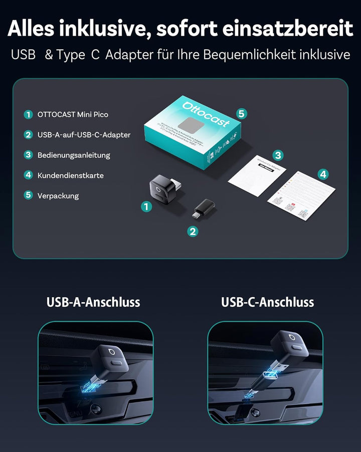 OTTOCAST Mini Pico 2026, 2-in-1 CarPlay &amp; Android Auto Wireless Adapter | Smart-Taste, Plug &amp; Play,