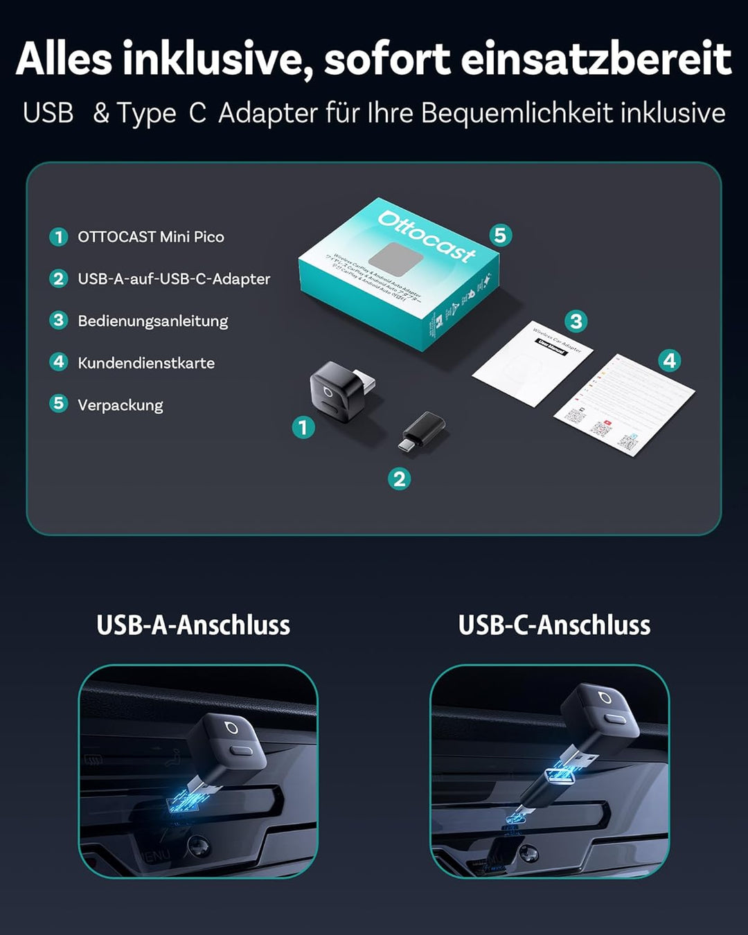 OTTOCAST Mini Pico 2026 CarPlay &amp; Android Auto Wireless Adapter, Smart Button, 5–8s Auto Connect, Pl