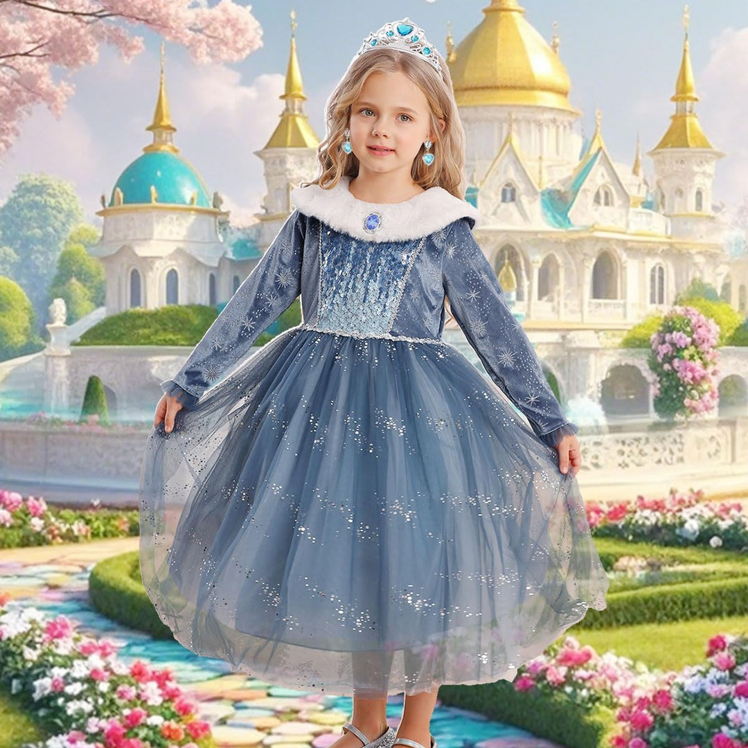 Snyemio Elsa Kostüm Mädchen Prinzessin Eiskönigin Kinder Kleid Eisprinzessin Verkleidung Langarm für