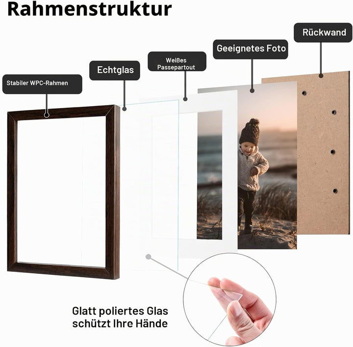 Egofine Bilderrahmen A4,Holzrahmen mit Acrylglas, MDF-Rahmen 4er-Set, Passepartout für Fotos A5,Zert