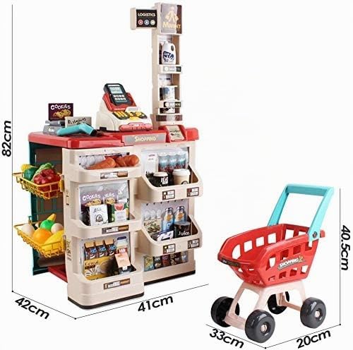 deAO Supermarkt mit Einkaufswagen, Kasse, Kaufladen Zubehör, Kaufladen Kasse mit Scanner und Sound,
