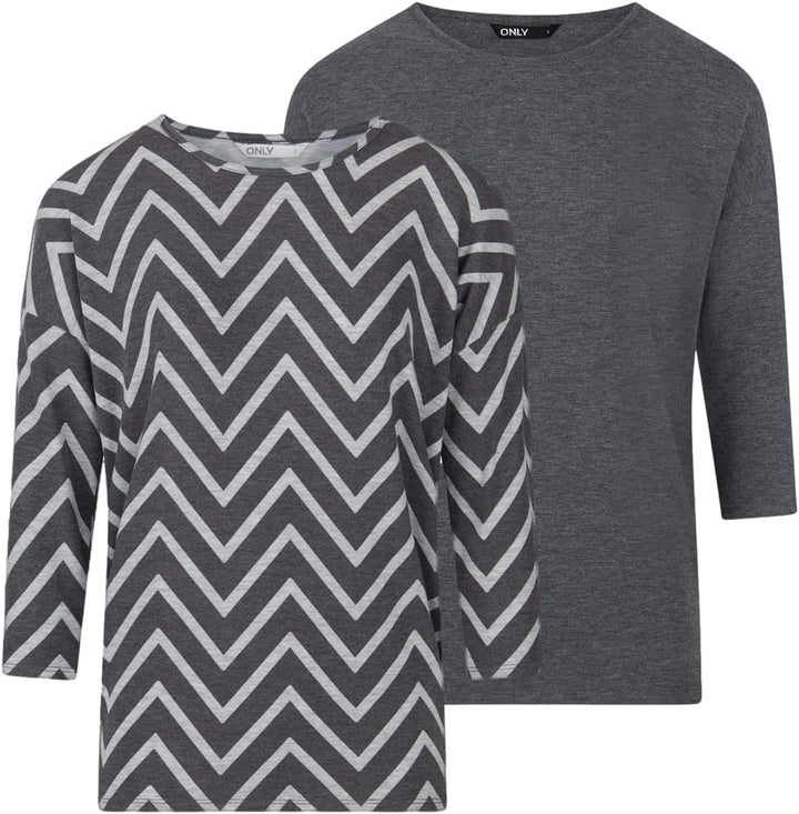 ONLY Damen Top ONLGLAMOUR 2er Pack 3/4 Ärmel Basic Shirt Rundhals Loose Fit Langarmshirt Oberteil Mu