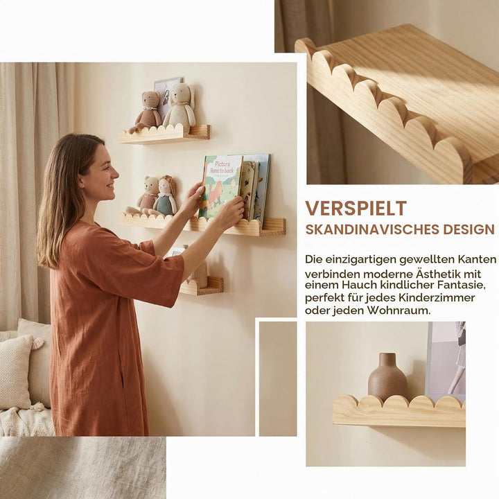 Wandregal Kinderzimmer 3er-Set Massivholz, Montessori Schwebregal 40cm mit sanften Rundungen, Bücher