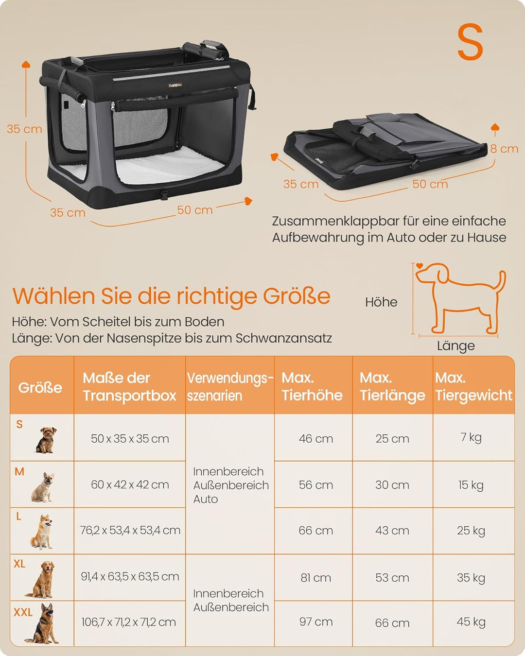 Feandrea Hundebox faltbar, 50 cm Transportbox für kleine Hunde, Hundetasche, Oxford-Gewebe, mit 4 Tü