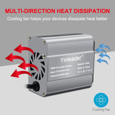 Yinleader Wechselrichter 300W DC 12V auf 230V AC KFZ-Spannungswandler 1 Euro-Steckdosen und 2 USB mi