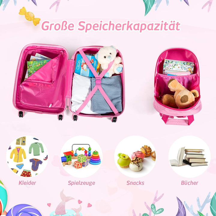 COSTWAY 2tlg Kinderkoffer + Rucksack, Kindertrolley aus Kunststoff, Kindergepäck, Kinder Kofferset H