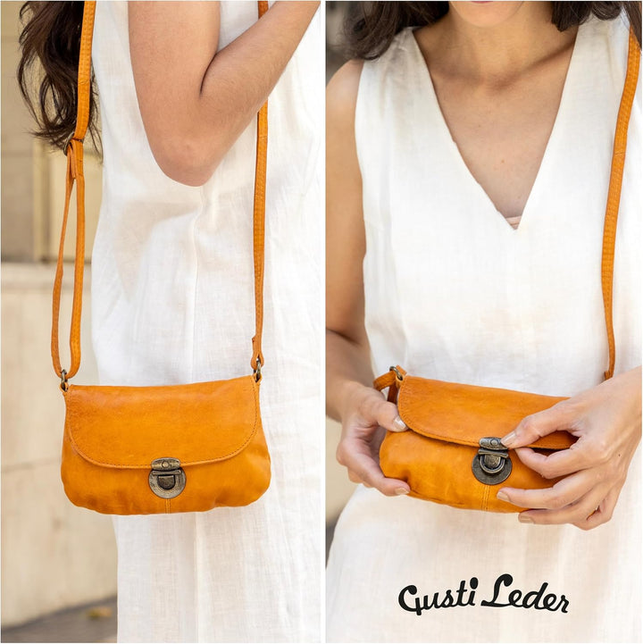 Gusti Umhängetasche Leder - Rona Damen Handtasche Ledertasche Vintage Leder Cognac, Cognac
