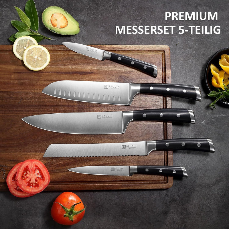 PAUDIN Messerset 5 Teilig, Küchenmesser Set mit Kochmesser, Brotmesser, Santokumesser, Gemüsemesser