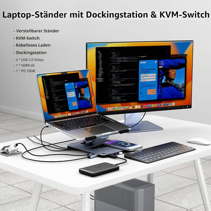 BENFEI Aluminium Laptop Ständer mit USB C 6in1 Dockingstation,15W Mag-Safe Ladegerät Magnetisches, U