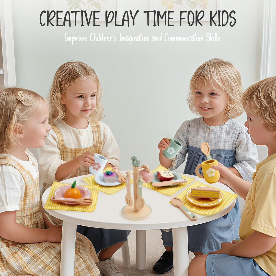 Atoylink Kinderküche Zubehör Holz Geschirr Teeservice Kinder, Geschirrset mit Tassen Teller, Spielkü