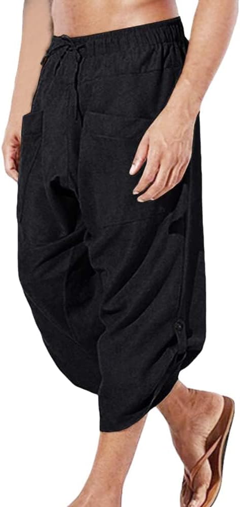COSDREAMER Herren Mittelalter Hose Wikinger Pirat Kostüm Hose (X-Large, Schwarz 3/4) XL Schwarz 3/4,