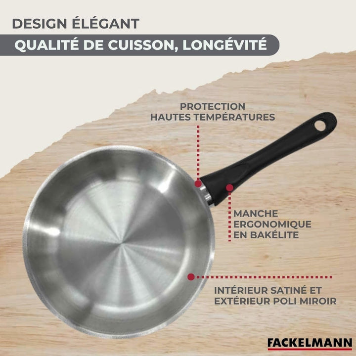 Fackelmann 9445750 Set mit 2 Pfannen 20 und 28 cm aus Edelstahl 18/8, 2 Glasdeckel und 6 Edelstahlut
