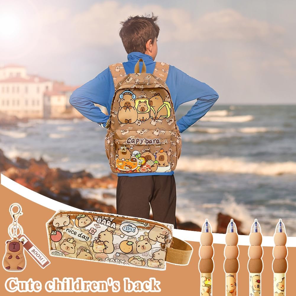 Capybara Rucksack Set, Schulrucksack Grosse Kapazität mit Capybara Federmäppchen, Stiften & Schlüsse