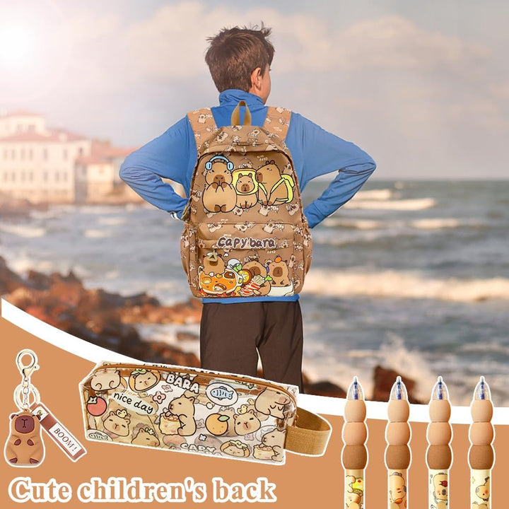 Capybara Rucksack Set, Schulrucksack Grosse Kapazität mit Capybara Federmäppchen, Stiften & Schlüsse