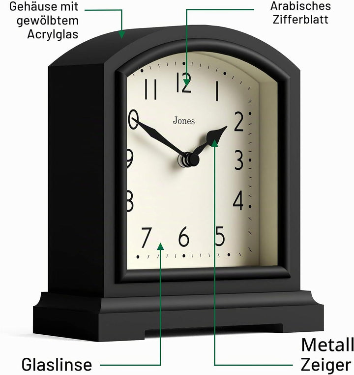 JONES CLOCKS® Tavern Kaminuhr | Modernes Bogenoberdesign | Schwarz | Zeitgenössischer klassischer St