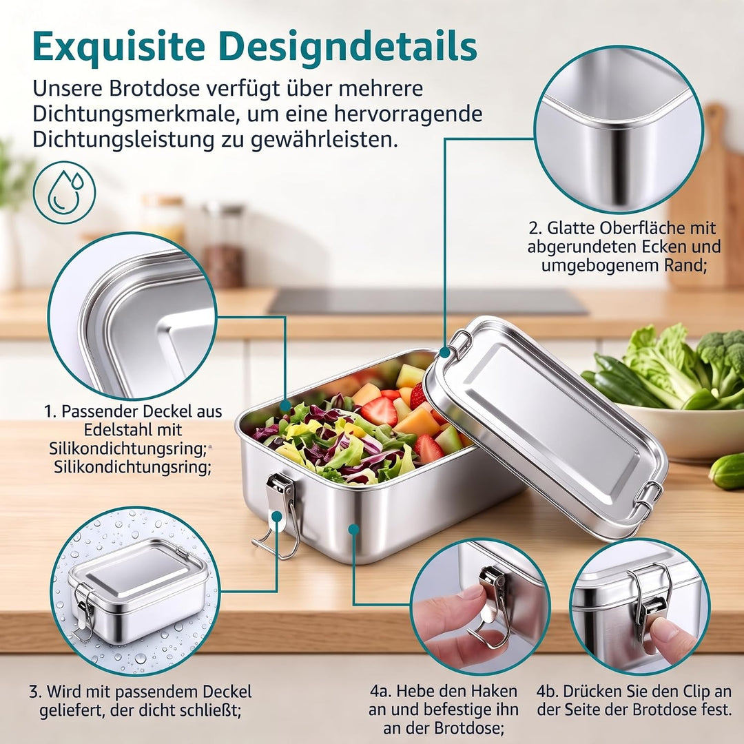TEAMFAR Brotdose, Edelstahl Bento Lunch Box mit Fächern &amp; Tasche 1400ml | 2 Herausnehmbare Trennwänd