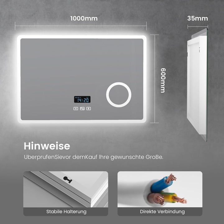 Heilmetz Bluetooth Badspiegel mit Beleuchtung 100x60cm, LED Badezimmerspiegel mit Licht, Uhr, 3 Lich