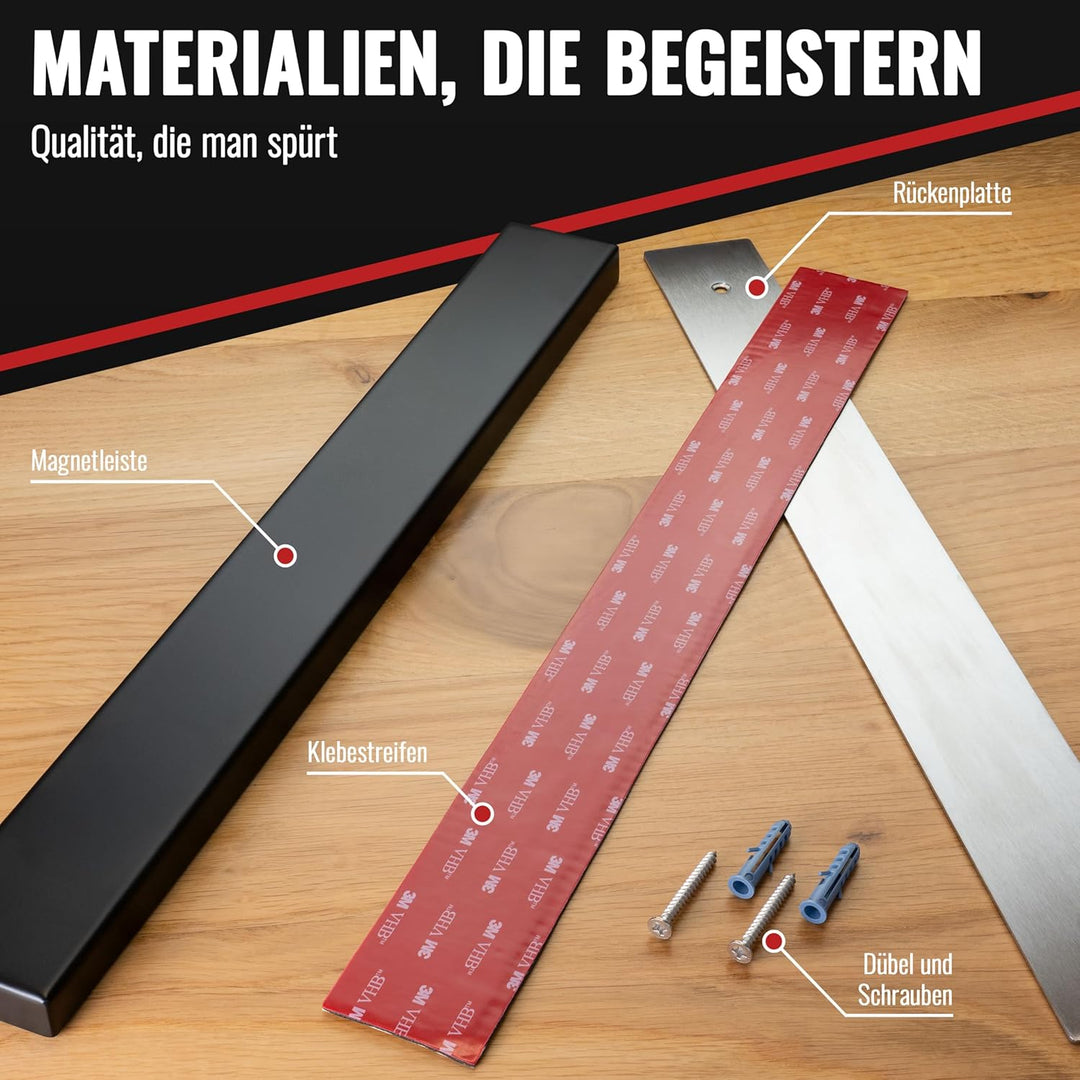 Poppstar Edelstahl Messer Magnetleiste 40cm mit extra starkem Magnet, schwarz, selbstklebend, Schwar