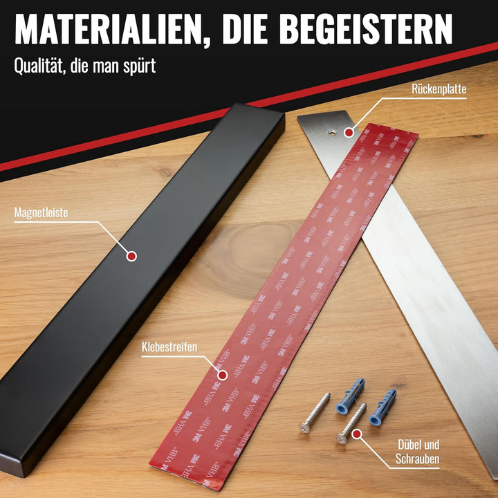Poppstar Edelstahl Messer Magnetleiste 40cm mit extra starkem Magnet, schwarz, selbstklebend, Schwar