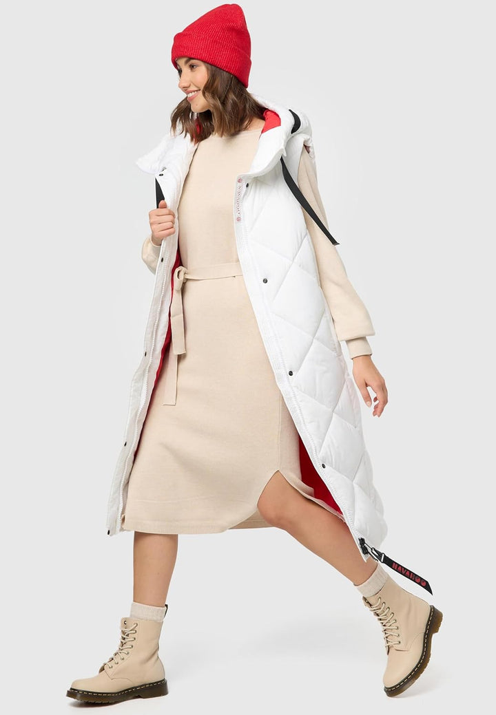 Navahoo warme Damen Winter Steppweste lang mit Kapuze Schnuckel XS-XXL XL Offwhite, XL Offwhite