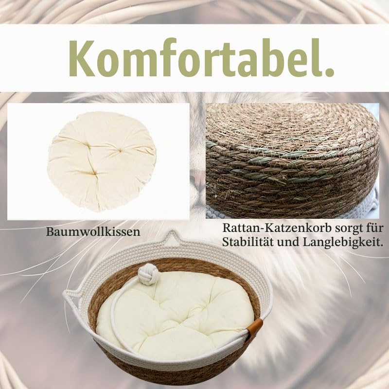Katzenhütte Katzenhöhle Katzenbett, Rund Haustierbett,Handgefertigter Rattankorb und 100% Baumwollek