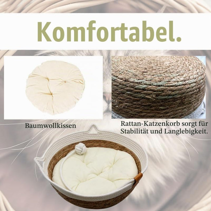 Katzenhütte Katzenhöhle Katzenbett, Rund Haustierbett,Handgefertigter Rattankorb und 100% Baumwollek