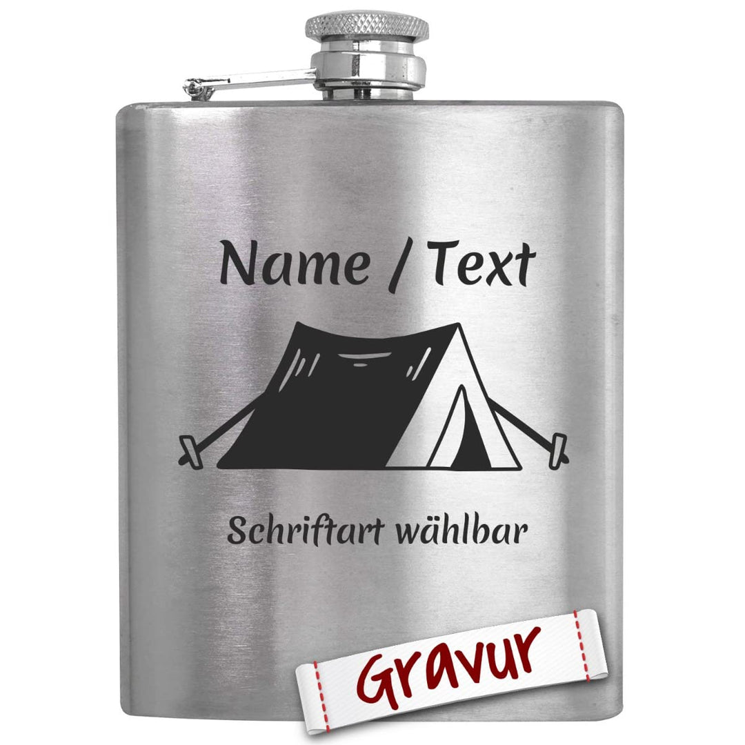 Camping Geschenk Flachmann mit Gravur/Spruch personalisiert, Outdoor Camper Geschenke für Männer/Pap