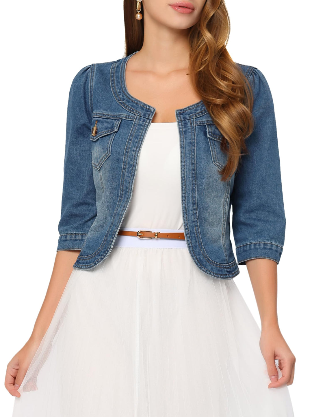 Allegra K Damen Jeansjacke 3/4 Ärmel Open Front Kragenlos Jacke mit Taschen XL Blau, XL Blau