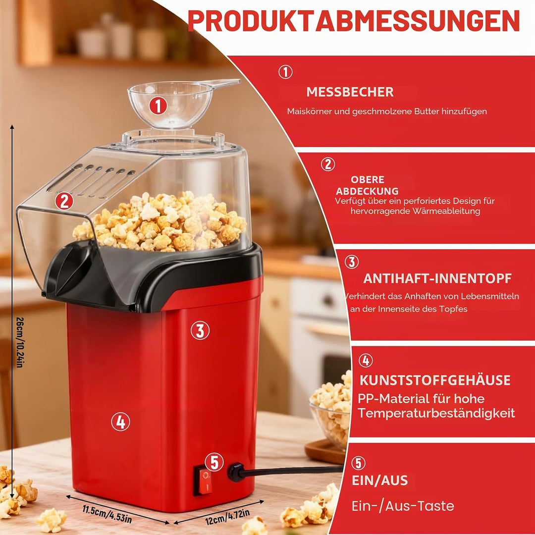Heissluft Popcornmaschine, 1200W Heissluft Popcorn Maker mit Messlöffel, Transparenten Deckel, Nachf