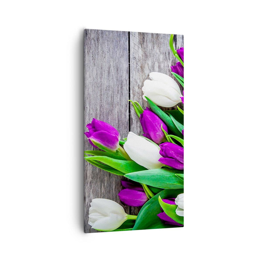 Bilder auf Leinwand 55x100cm Leinwandbild mit Rahmen Tulpen Holz Blumenstrauss Blumen Gross Wanddeko