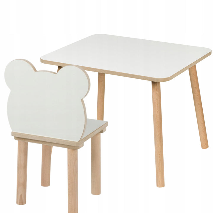 Kindertisch + Bärenstuhl Set 60×50×47cm – Kinder Tisch &amp; Stuhl aus MDF &amp; Holz – weisses Design mit n