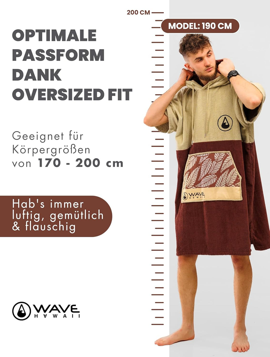 WAVE HAWAII Leevs Surfponcho für Körpergrössen von 170-200 cm Poncho 100% ÖKO Baumwolle Velours Umkl