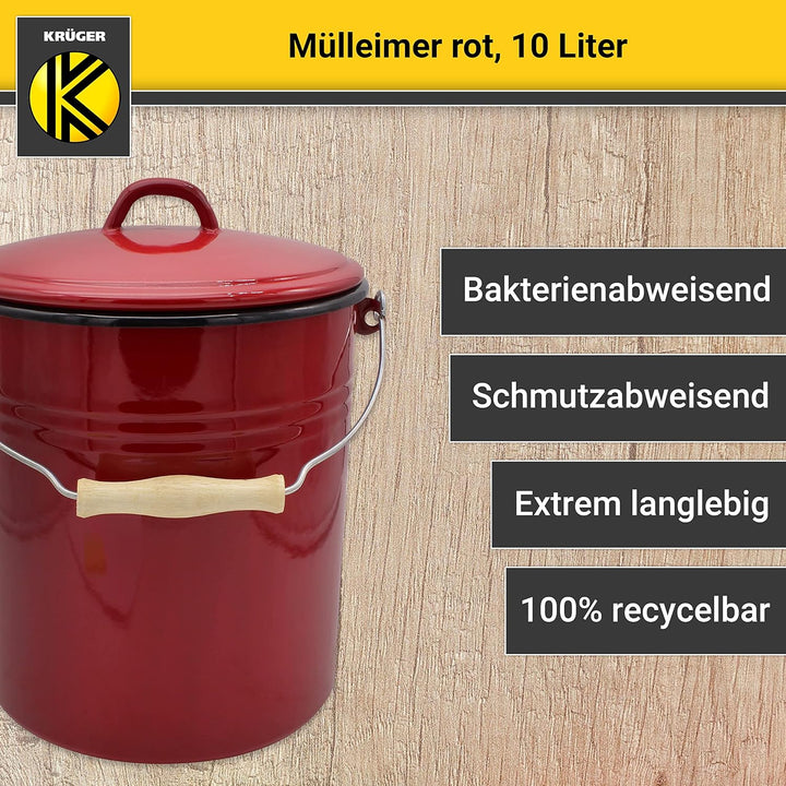 KRÜGER Mülleimer mit Deckel - Stahl Abfalleimer mit Emaille-Beschichtung und Holzgriff - schnitt- un