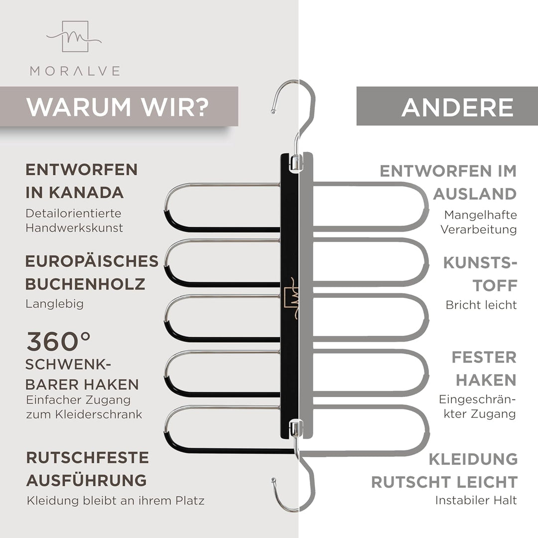 MORALVE Hosenbügel platzsparend – Premium Kleiderbügel aus europäischem Buchenholz für Hosen, Jeans