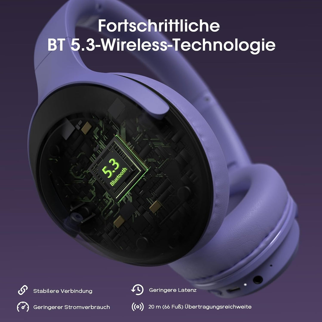 DOQAUS Kopfhörer Kabellose Bluetooth,70 Std.Akku,Lila | Kabellos Faltbare HiFi-Stereo Bluetooth Kopf