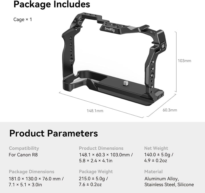 SMALLRIG Cage für Canon R8, Kamerakäfig mit 1/4"-20 Gewindelöchern, 3/8"-16 Positionierungslöchern f