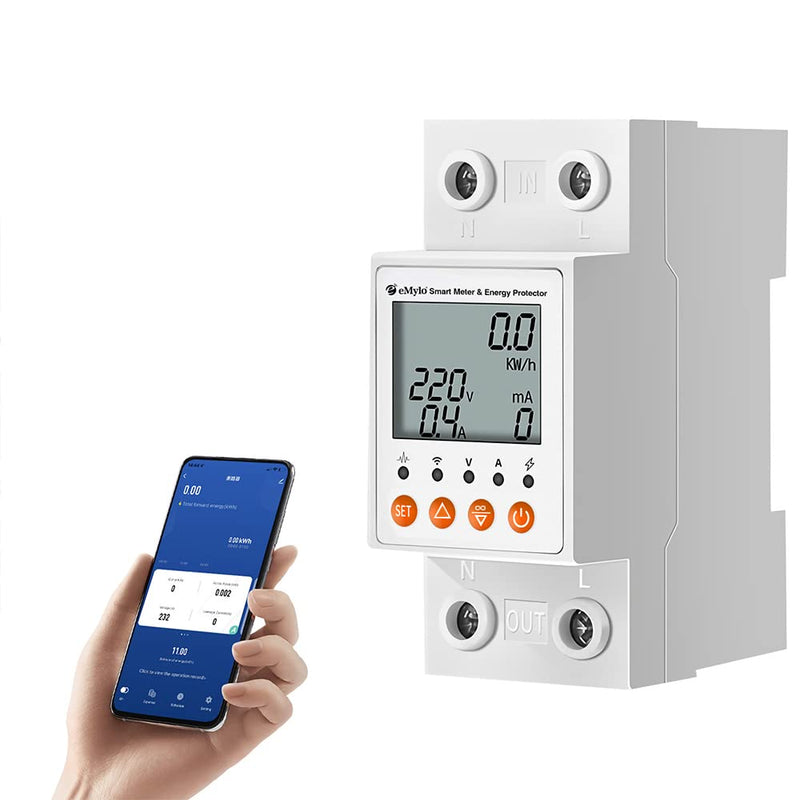 eMylo Smart WIFI Energiemessgerät, Einphasiger DIN-Schienen LCD-Digitalzähler, Leckage-Schutzschalte
