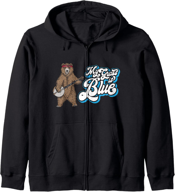 Banjo Grizzly Bear Hippie My Grass is Blue Bluegrass Retro Kapuzenjacke