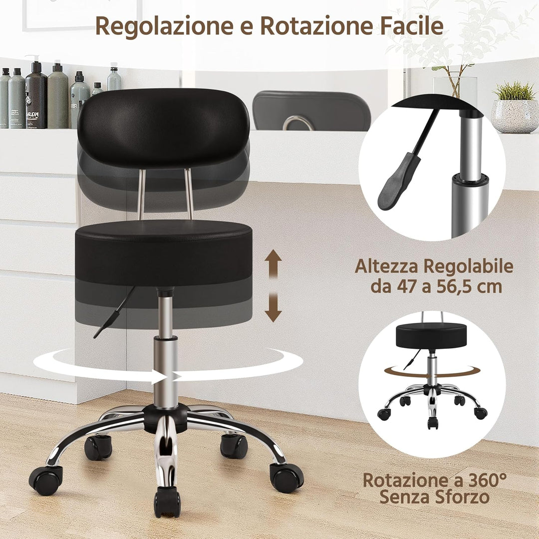 Yaheetech Rollhocker Arbeitshocker mit Rückenlehne Höhenverstellbarer 75.5-85cm,Drehhocker mit Rolle